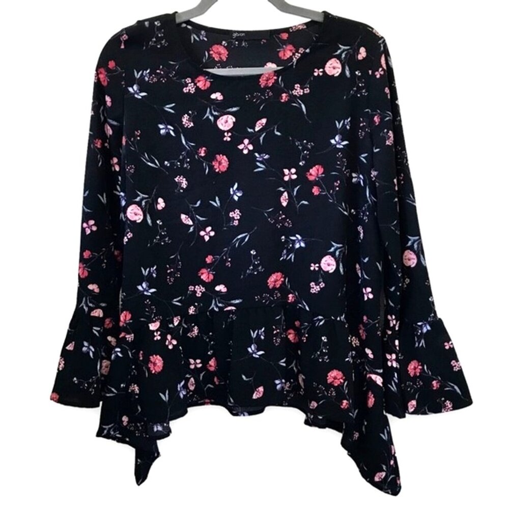 Gibson Women's Black Ditsy Floral Print Peplum Boho Blouse Bell Sleeves Size XXS